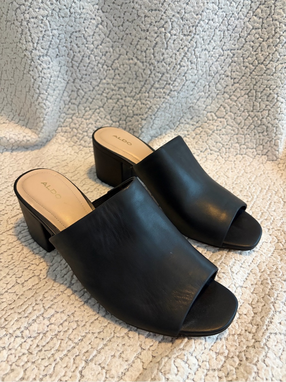 Aldo Black Open-Toe Leather Block Heel Mules